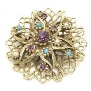 Vintage Purple Blue Rhinestone Star Filigree Pin Brooch Seed Pearls